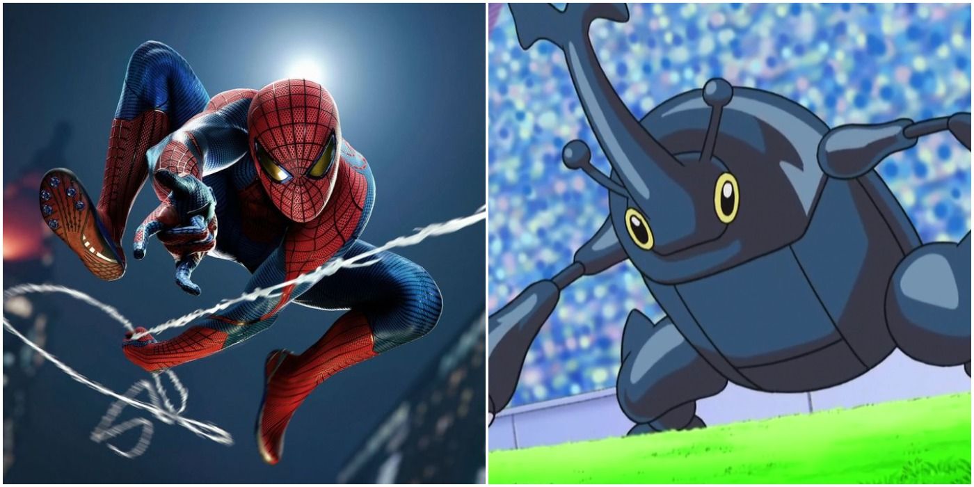 image of Spiderman flinging web next to a Heracross in a Pokemon battle