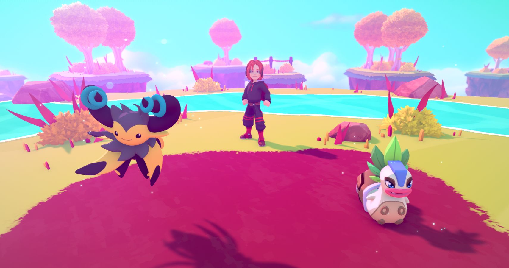 Gazuma and Bigu from Temtem with their tamer.