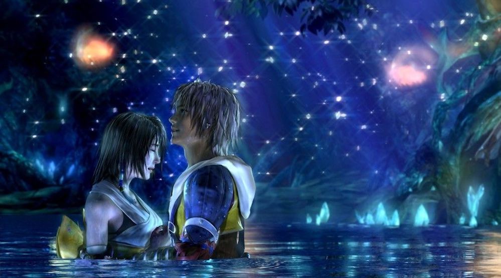 Yuna and Tidus embracing in the water.