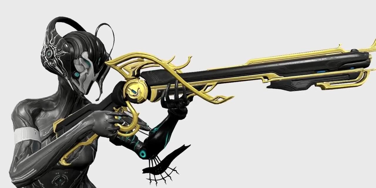 Warframe Sybaris Prime weapon.