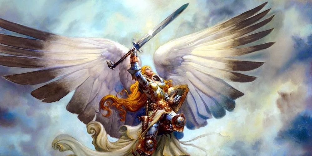 Woman with wings holding sword up in the air