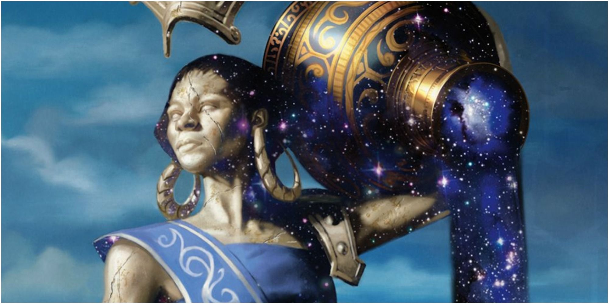 art of a woman holding a galaxy vase