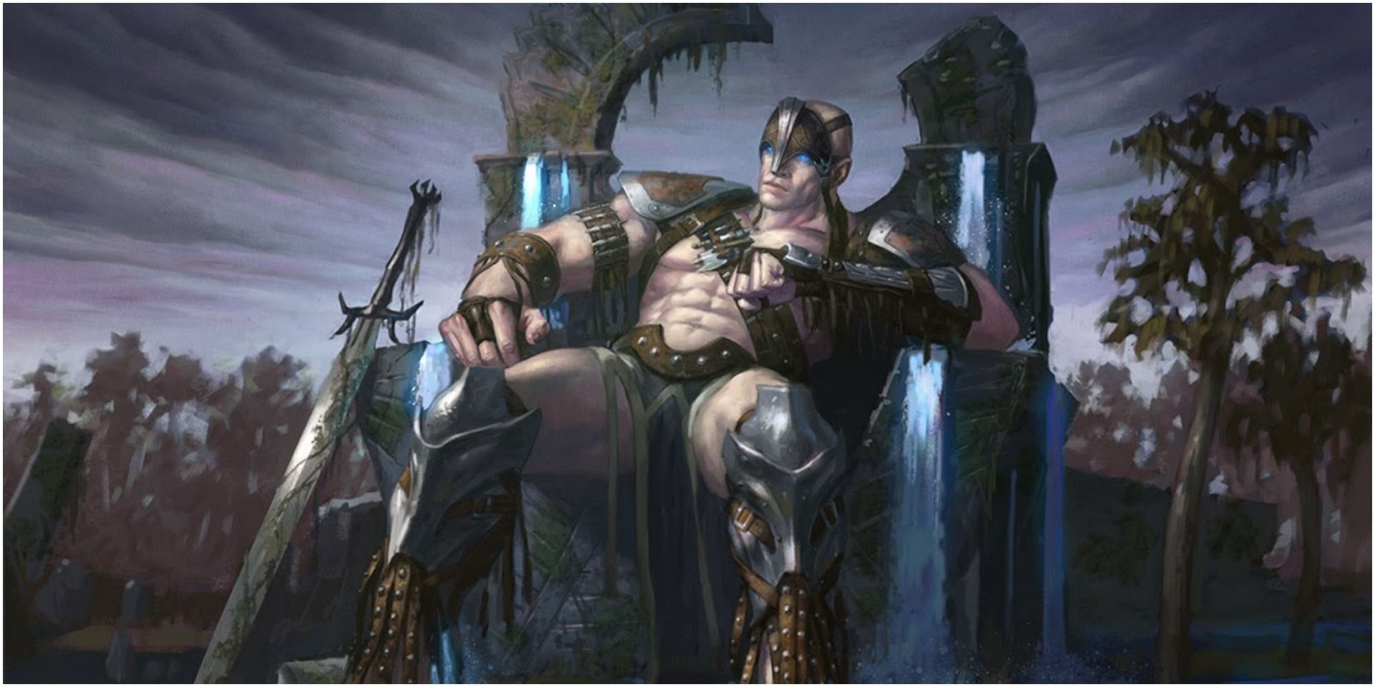 art of large man sat on ruined throne with a sword