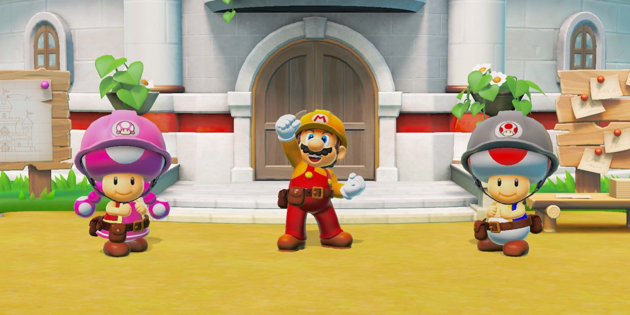 Mario Maker Mario In Builder Outfit With Toad And Toadette 