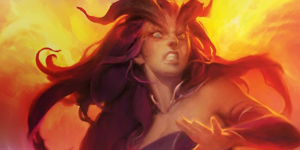tiefling surrounded by fire, woman with horns Cropped