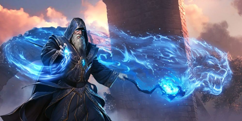 wizard in blue with blue wolf spirit Cropped