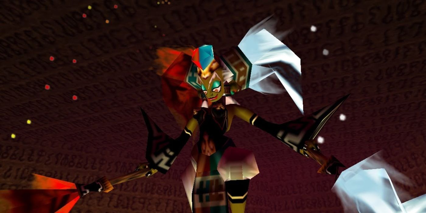 Twinrova as she appears in Ocarina of Time, with a fire and ice side