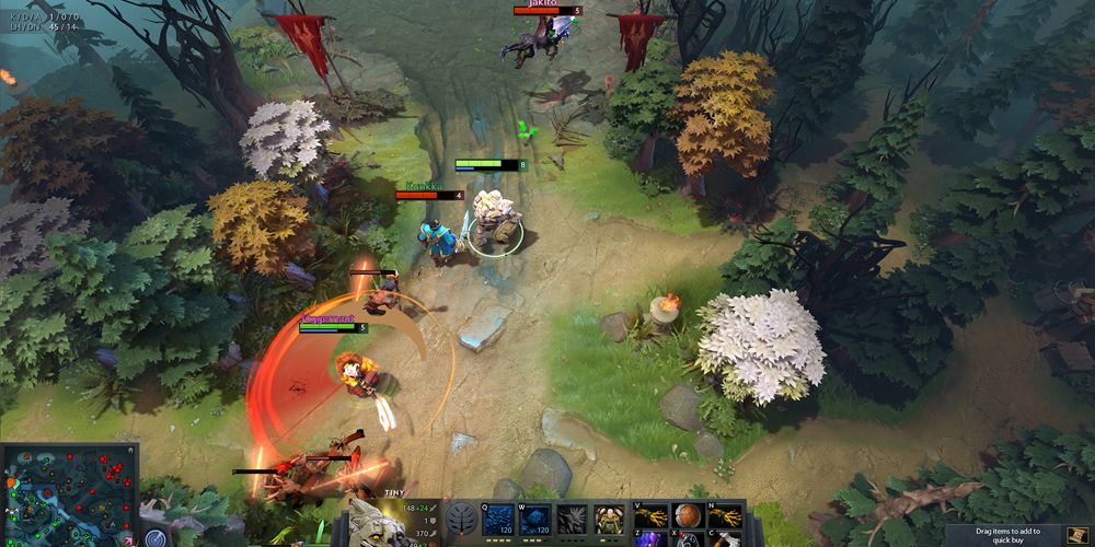 The early laning phase of DOTA 2 with many characters engaging in a teamfight