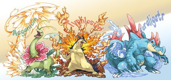 fan art picture of gen 2 pokemon starters fully evolved