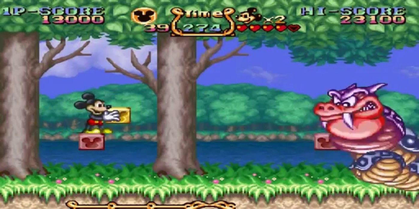 Mickey holding a box while looking at an enemy