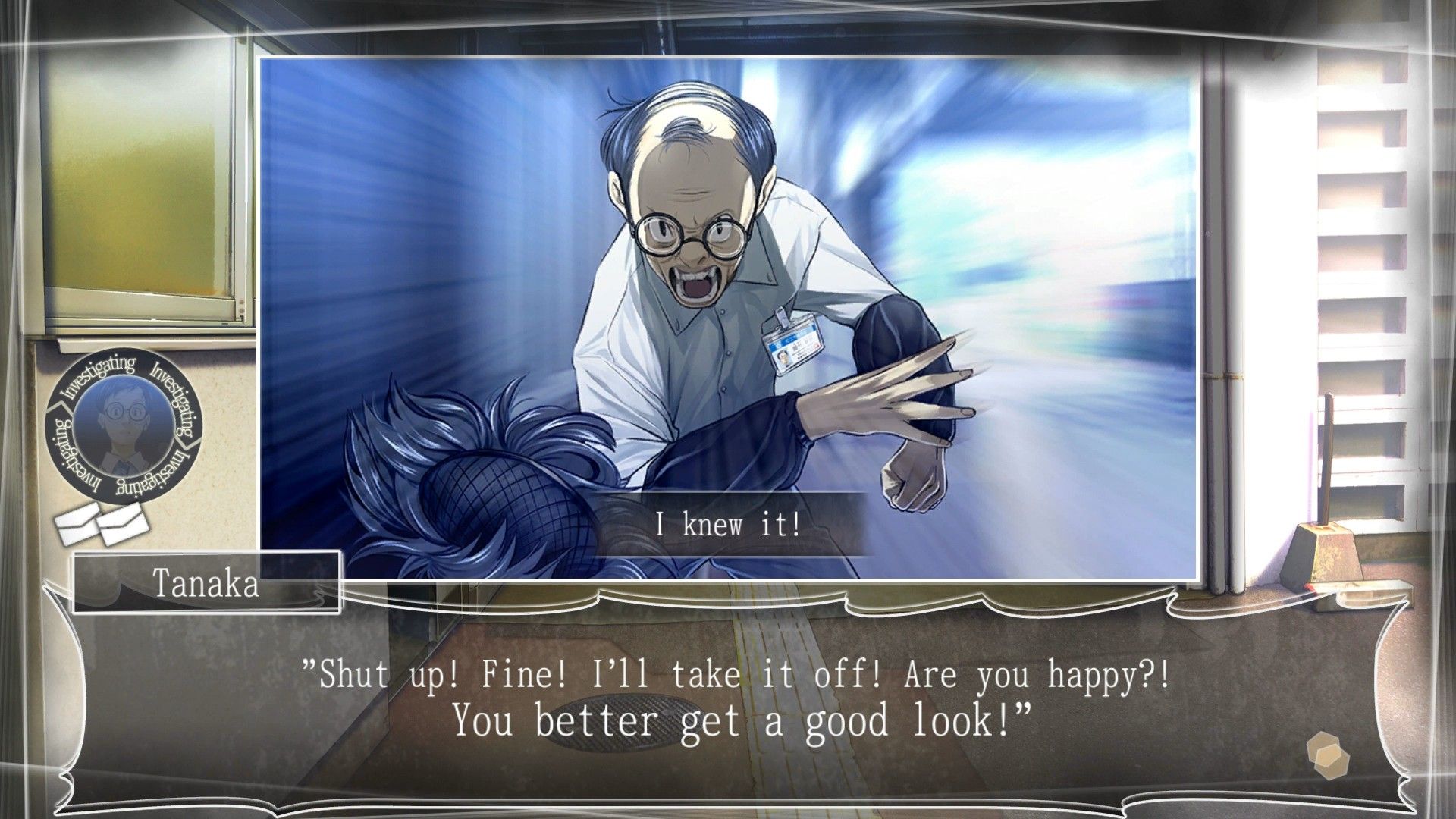 Tanaka yells at the protagonist after a request to unveil a piece of clothing in Root Letter.