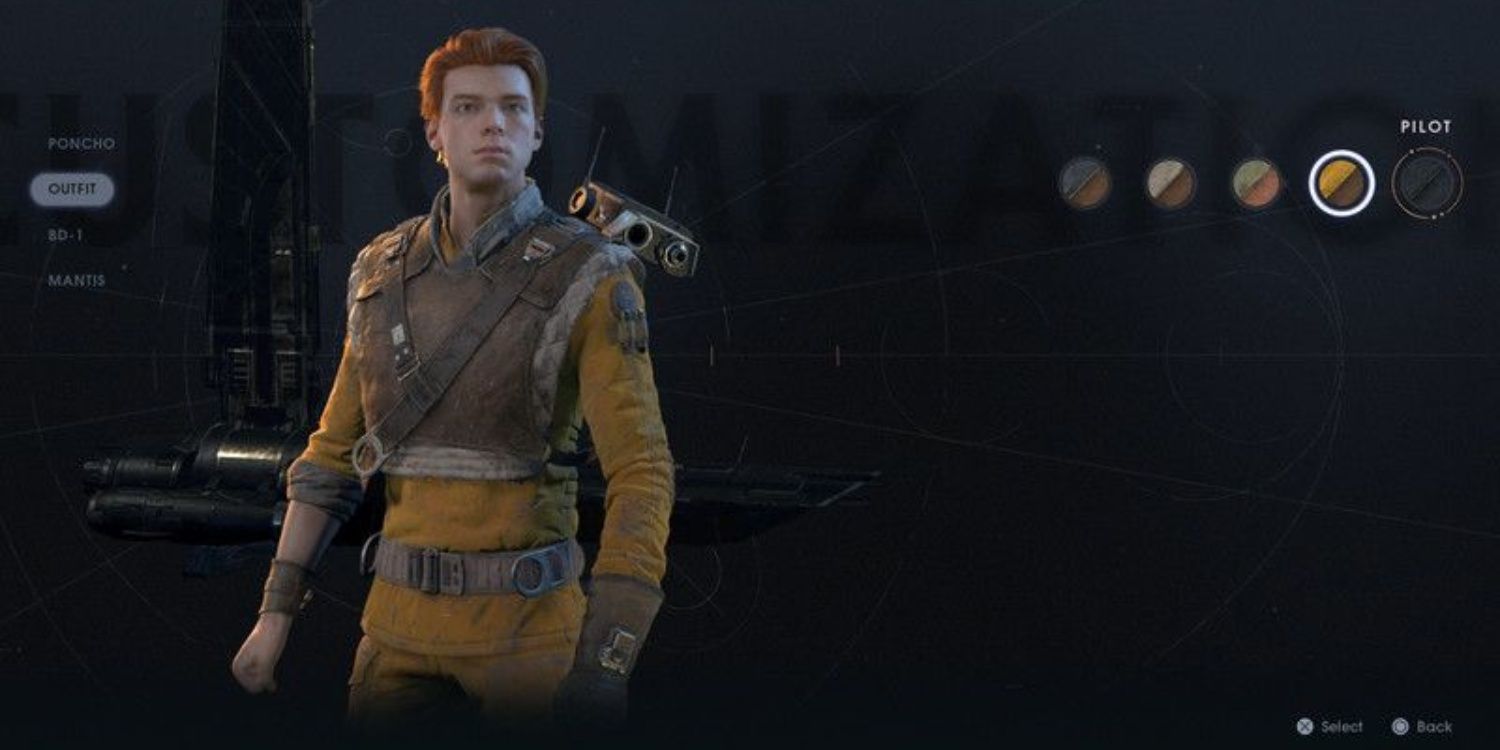 A screenshot of the outfit menu showing Cal wearing the Pilot Outfit.