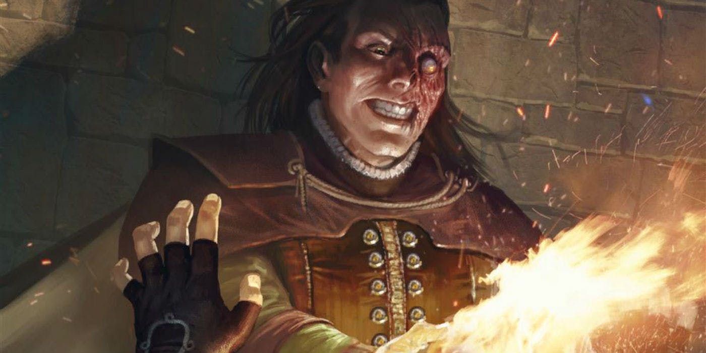 Art of a character using a fire spell with a half burnt face