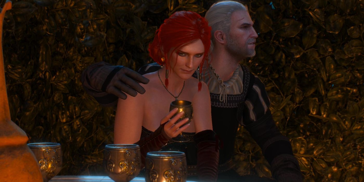 Screenshot Witcher 3 Triss and Geralt at Party Triss Drinking