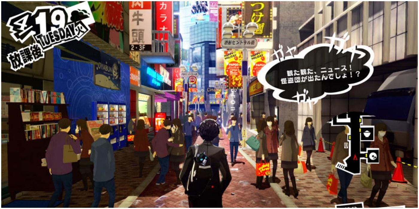 Persona 5 Joker walking down busy street of shops and crowds