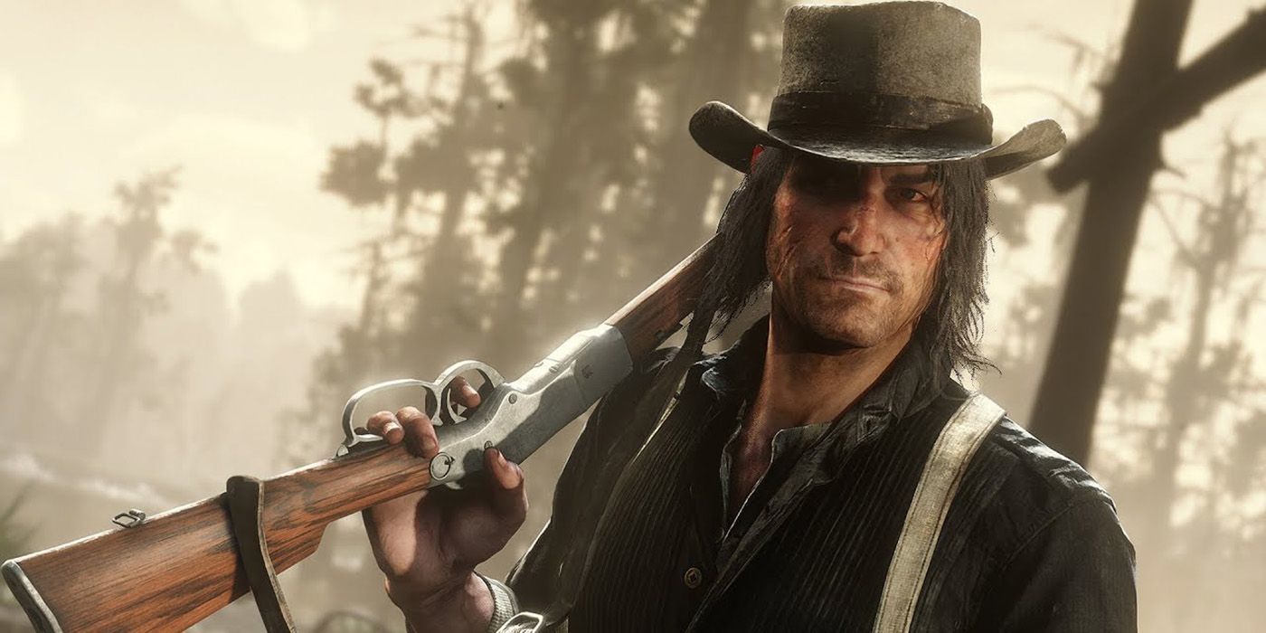 John Marston holding a gun over his shoulder
