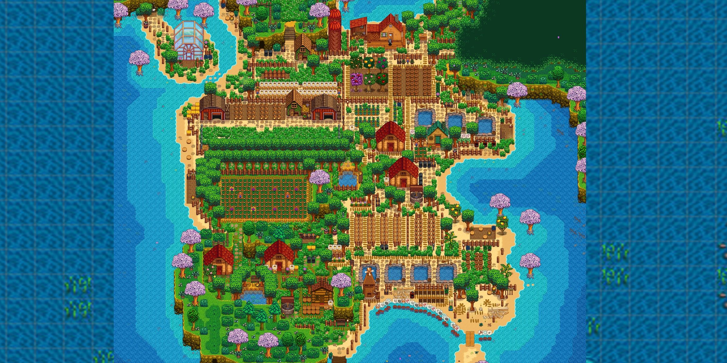 The beach farm layout with every space full of items, crops, and buildings