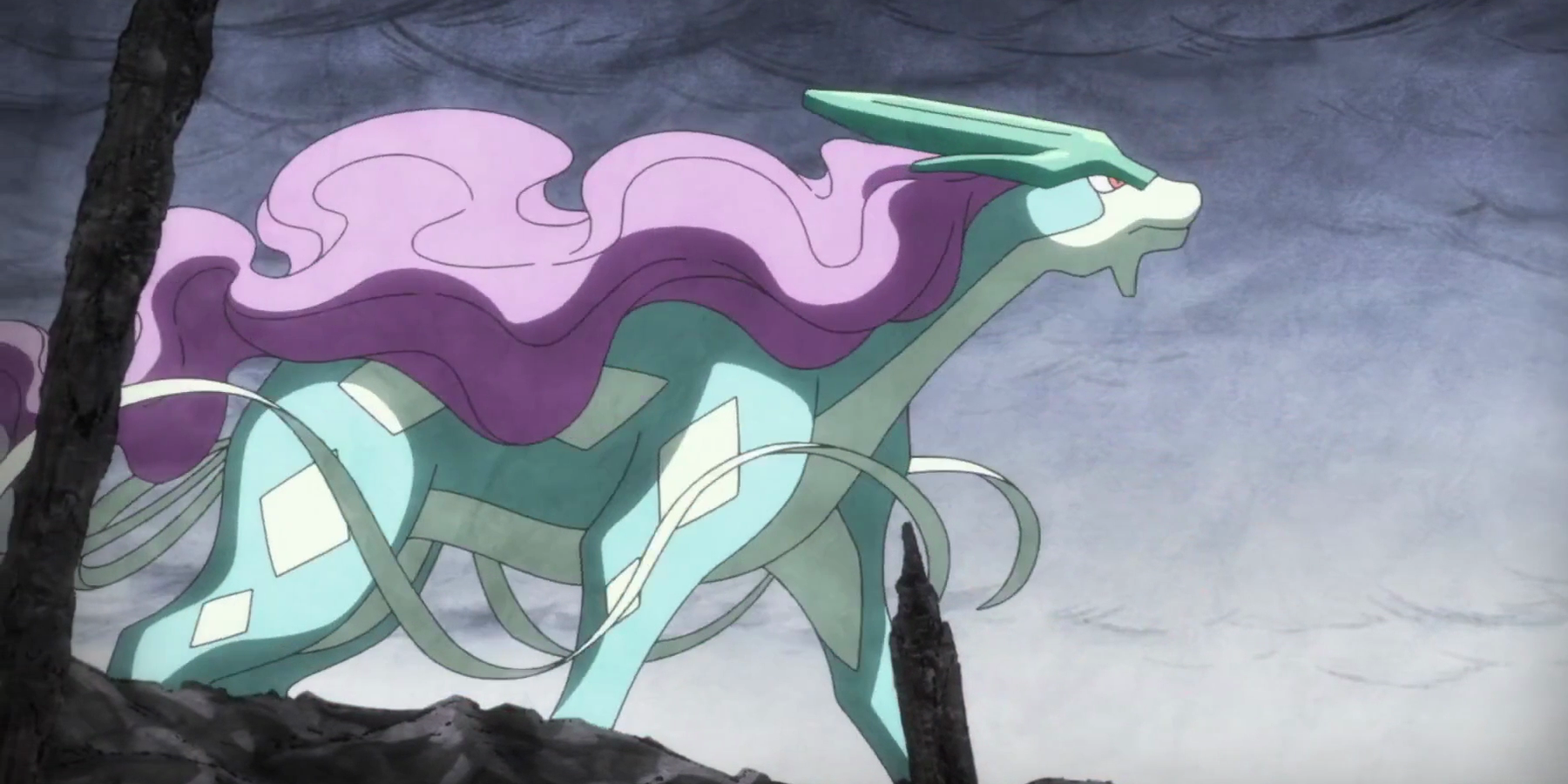 suicune against a cloudy sky