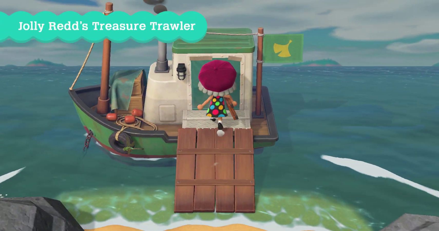 Animal Crossing character walking onto Redd's boat