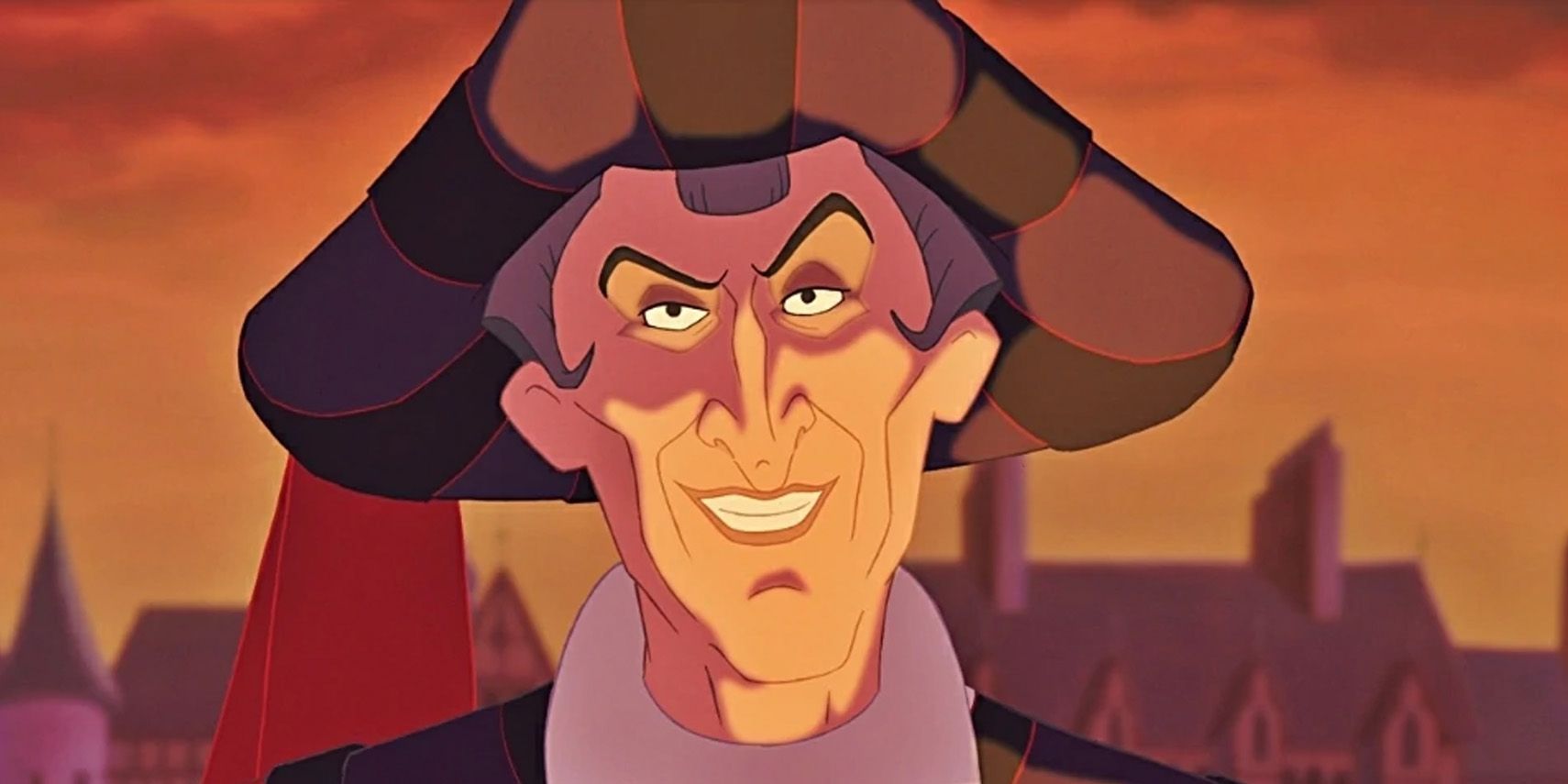 Claude Frollo smirking as he looks straight ahead.
