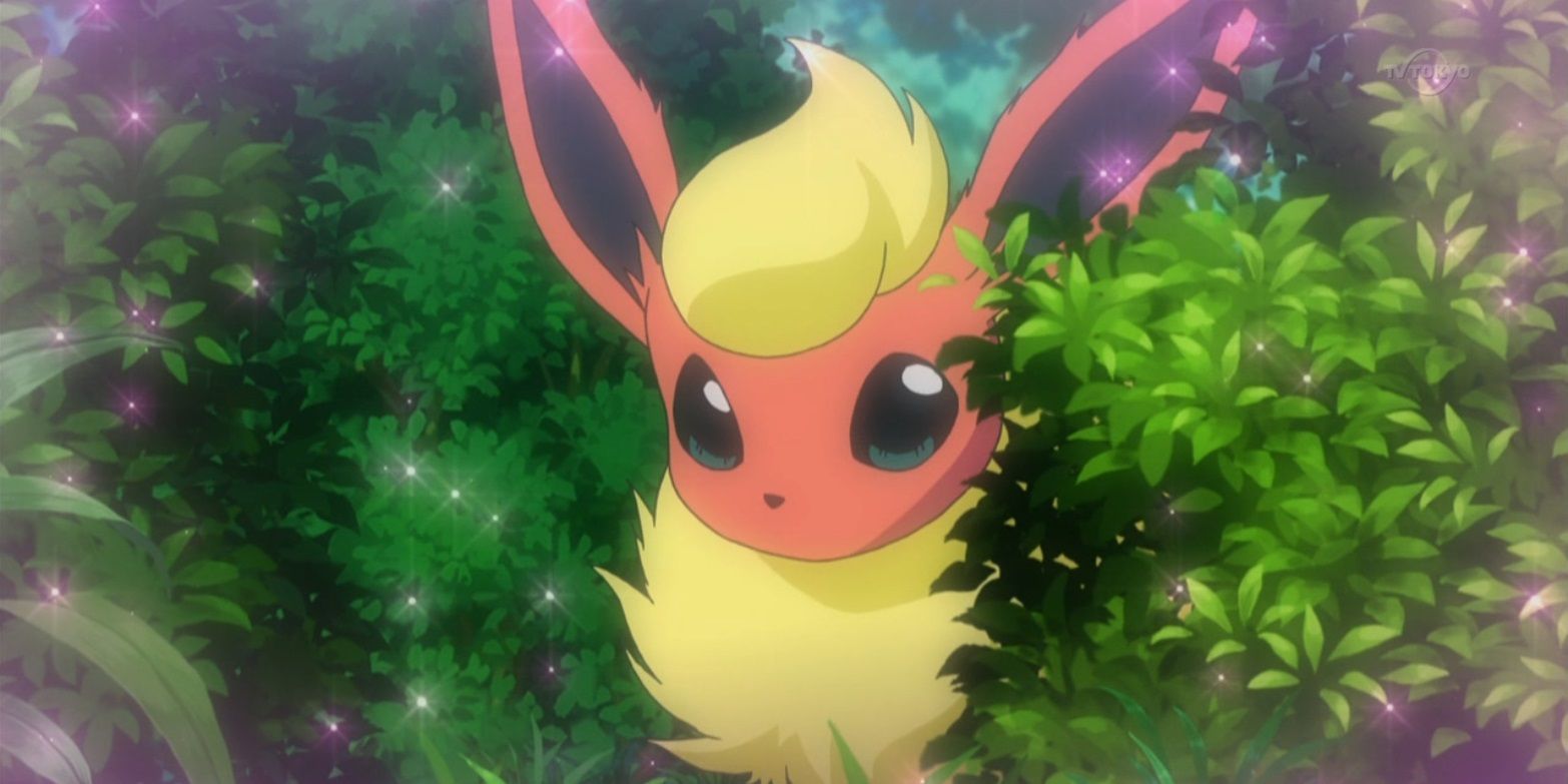 Cute Sparkly Flareon Looking From Bushes Pokemon Anime