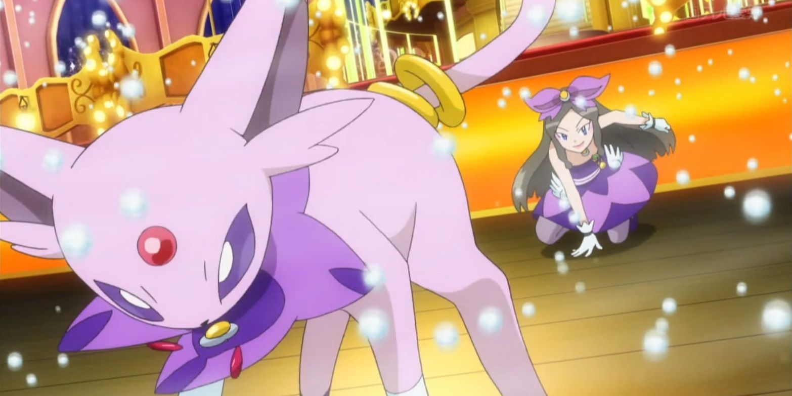 Espeon Pokemon Anime Beautiful Ribbon Fighting in Castle Water Droplets In Air
