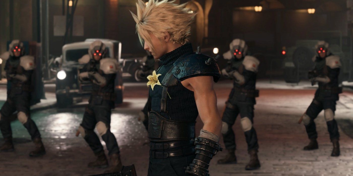 Final Fantasy VII remake cloud surrounded by soldiers