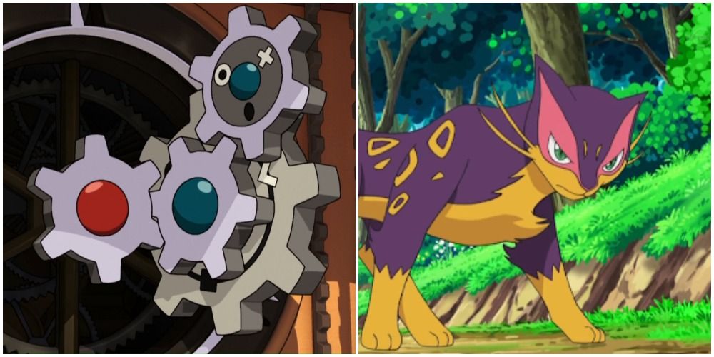A Klinklang looking shocked on the left while a Liepard prepares to strike on the right.