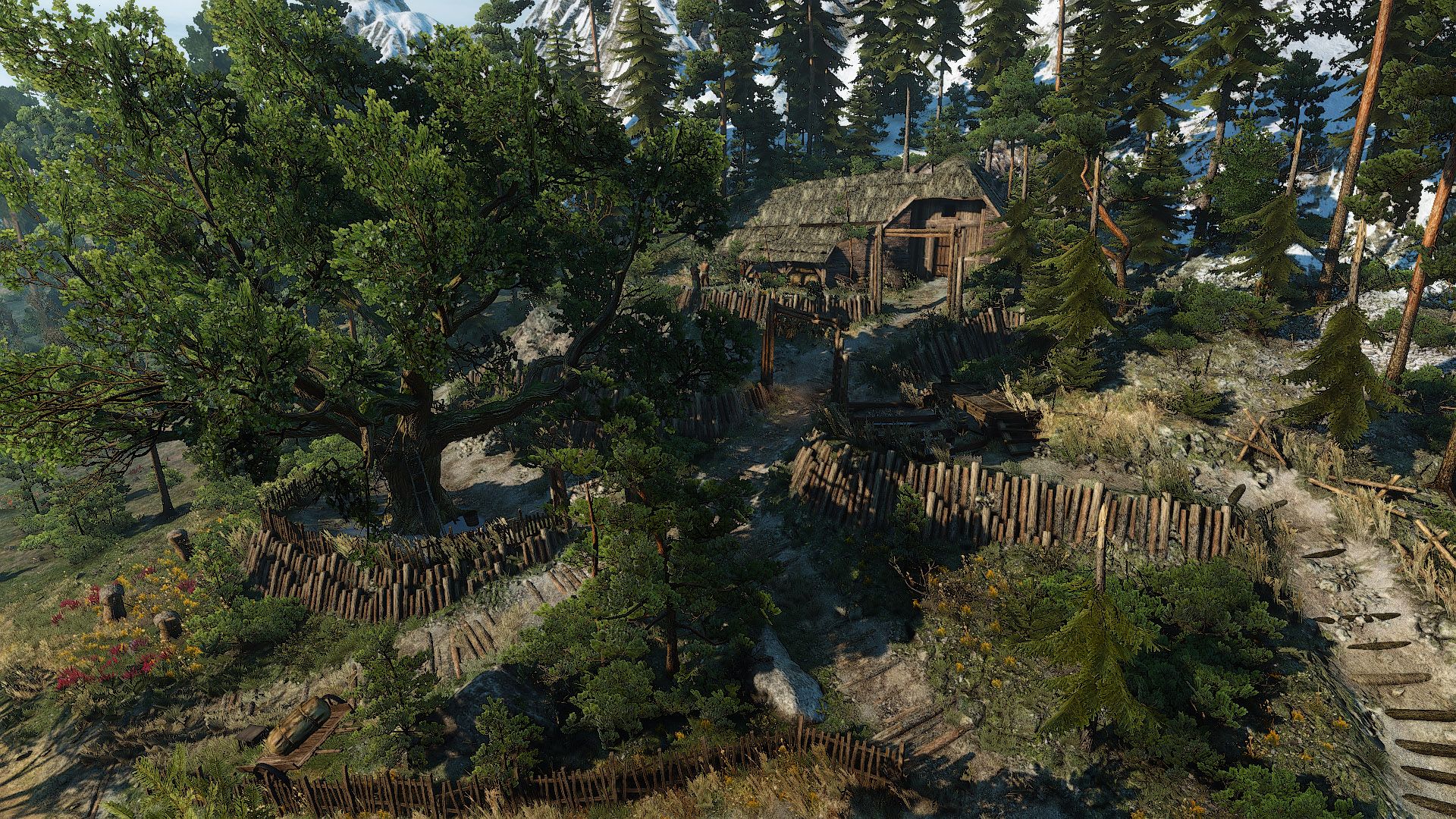 A landscape view of a Kvalheim village in Valheim