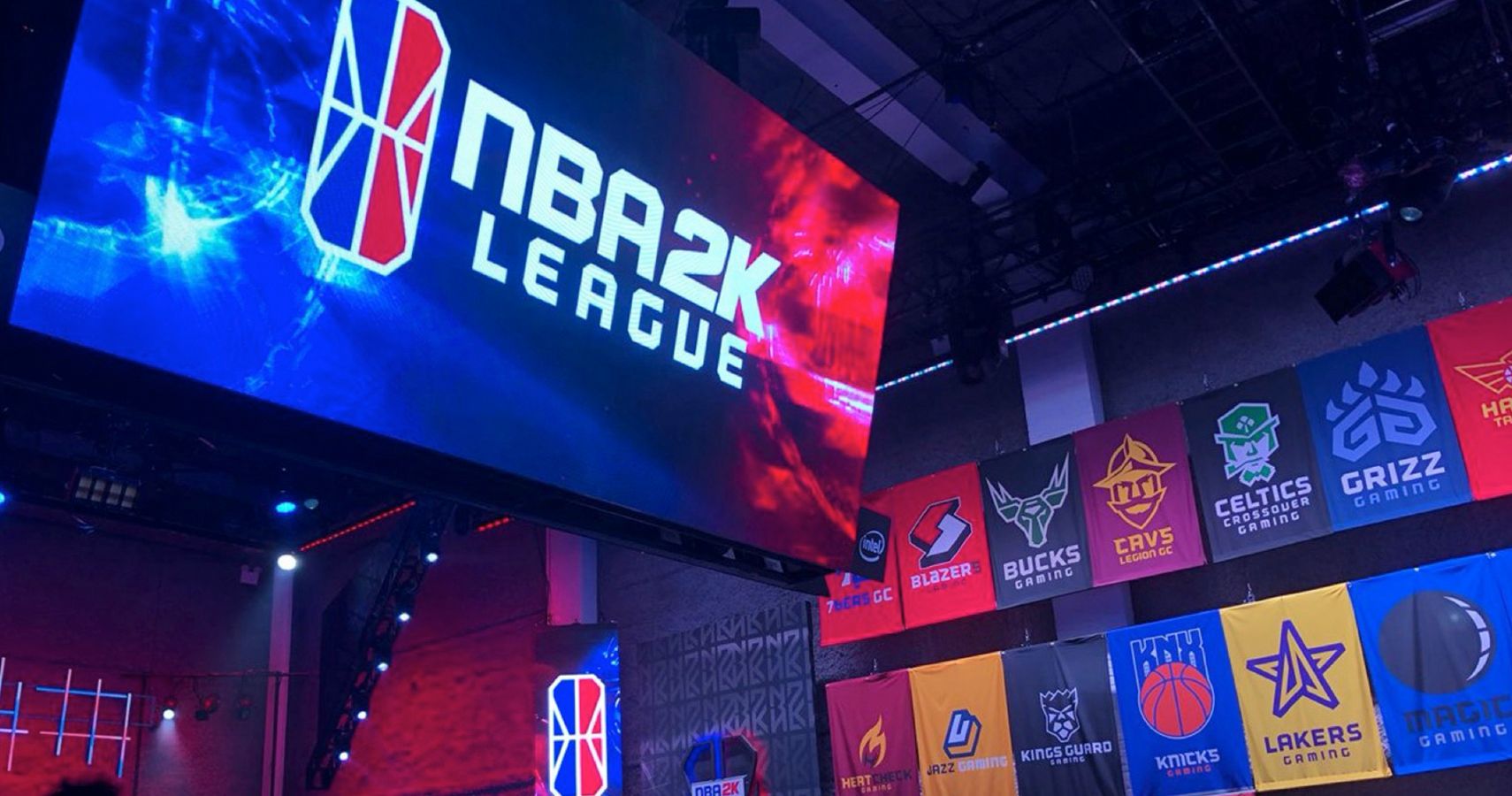 Backdrop of a live 2019 NBA 2K League event in Queens, NY.