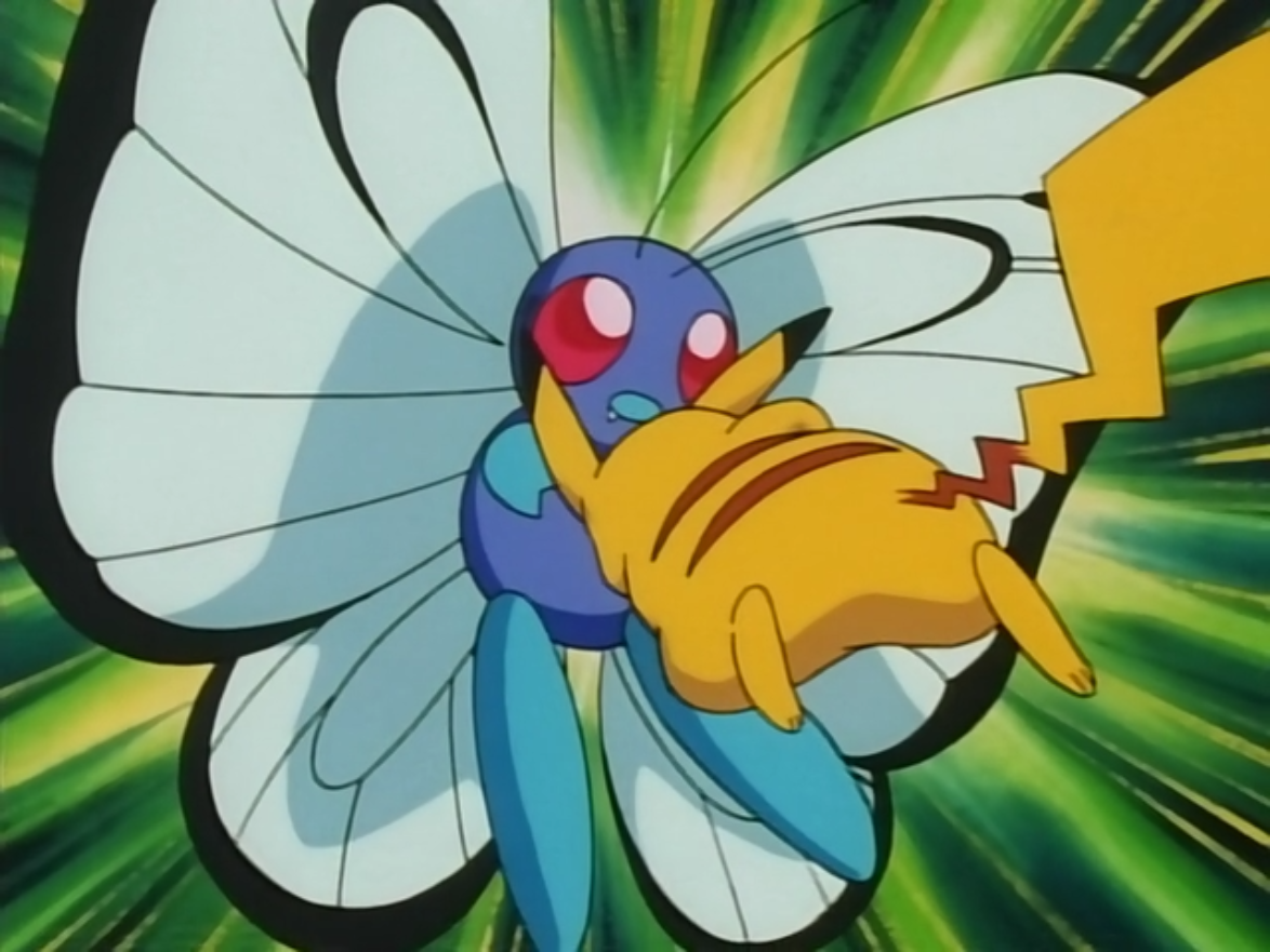 pikachu using double-edge on ritchie's butterfree