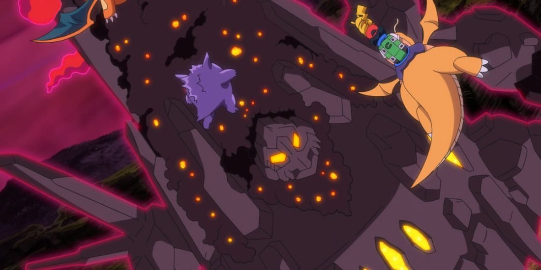 Ash riding a Dragonite towards Gigantamax Coalossal in the Pokemon anime
