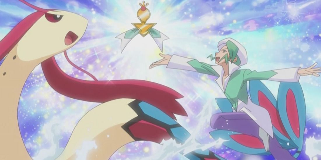 Wallace with his Milotic holding up a beautiful ribbon