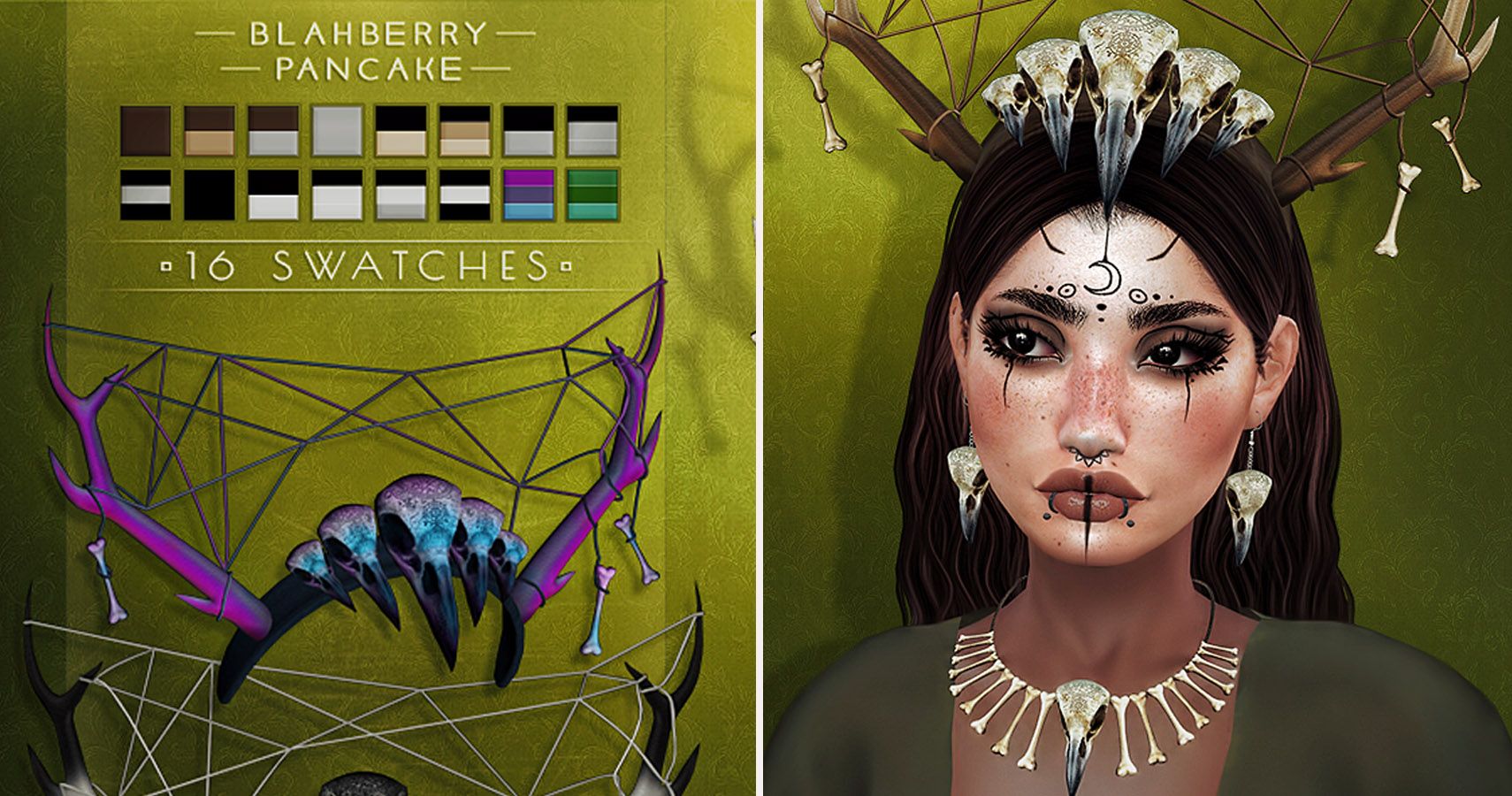 a sim wearing an organic looking headpiece made from wood.