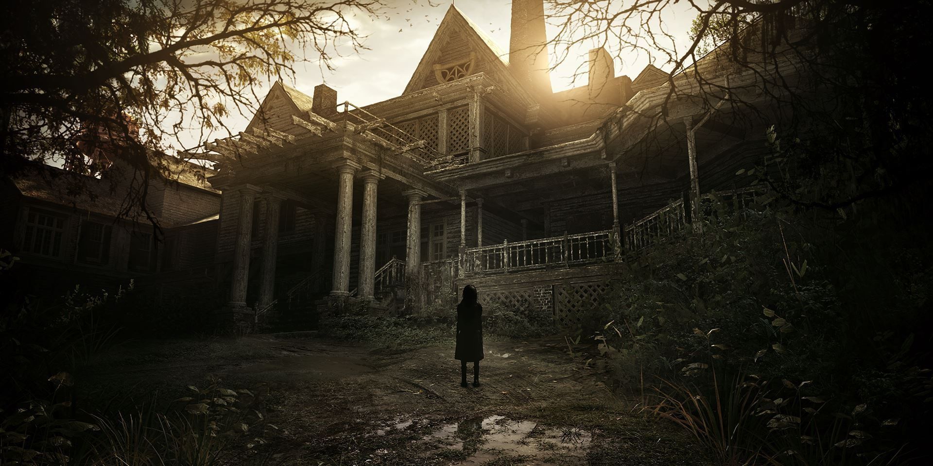 silhouette stood in front of house in Resident Evil 7
