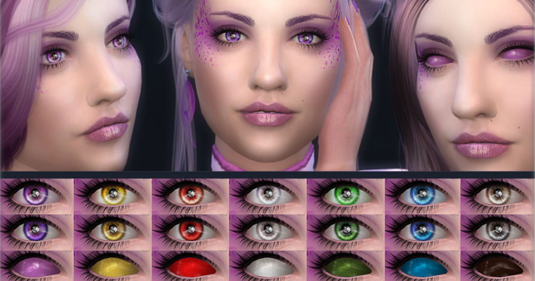 3 sims with purple eyes and hair above a range of eye color swatches.