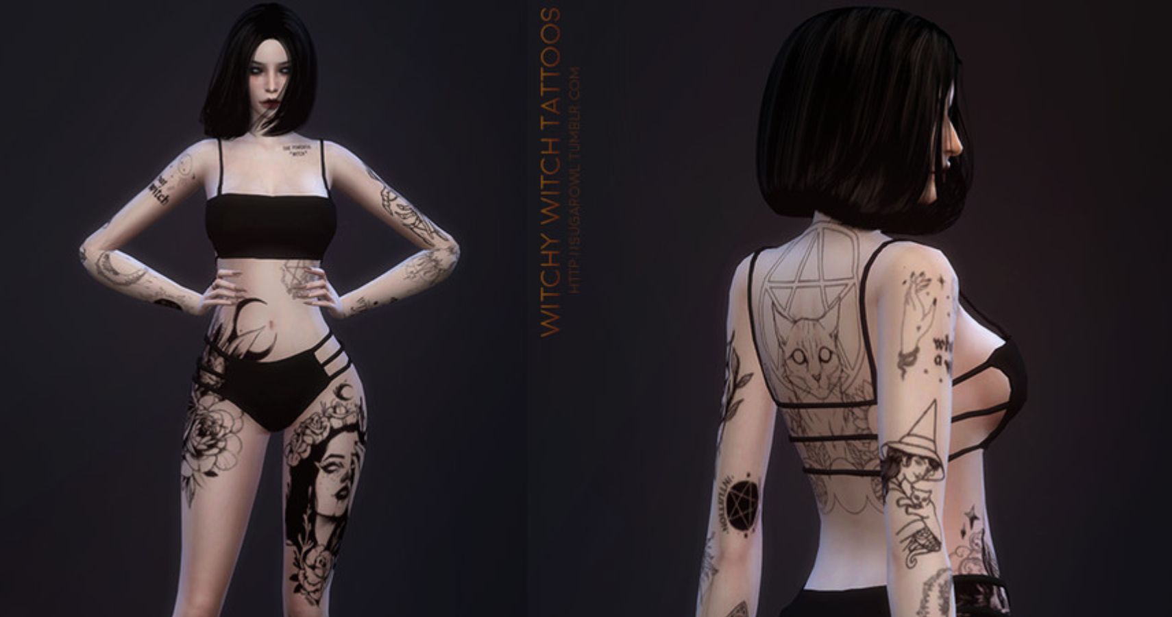 A sim in a crop top with various witch themed tattoos.