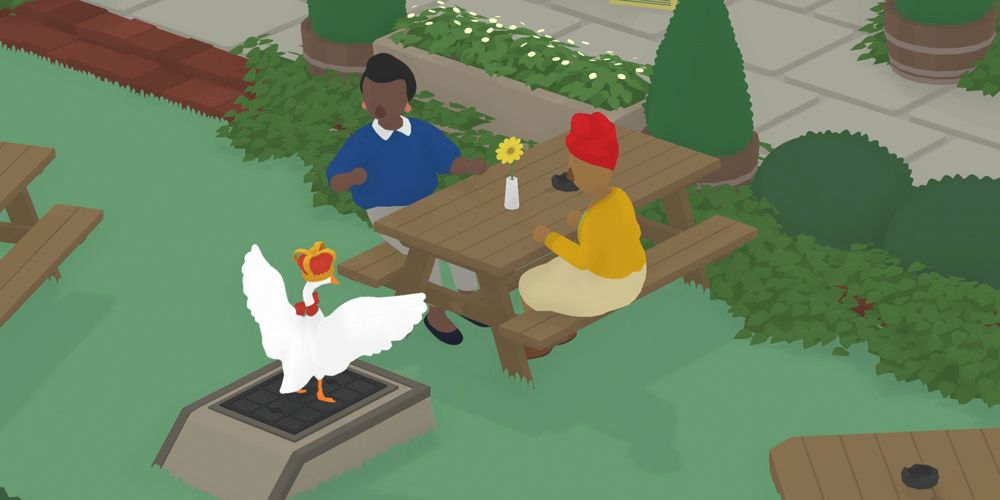 Goose wearing a crown and showing off for some villagers