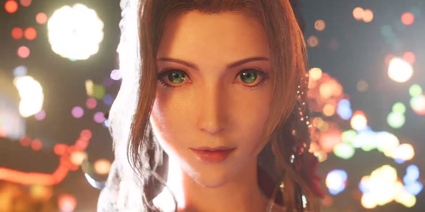 A close shot of  Aerith's face in FF7 Remake.