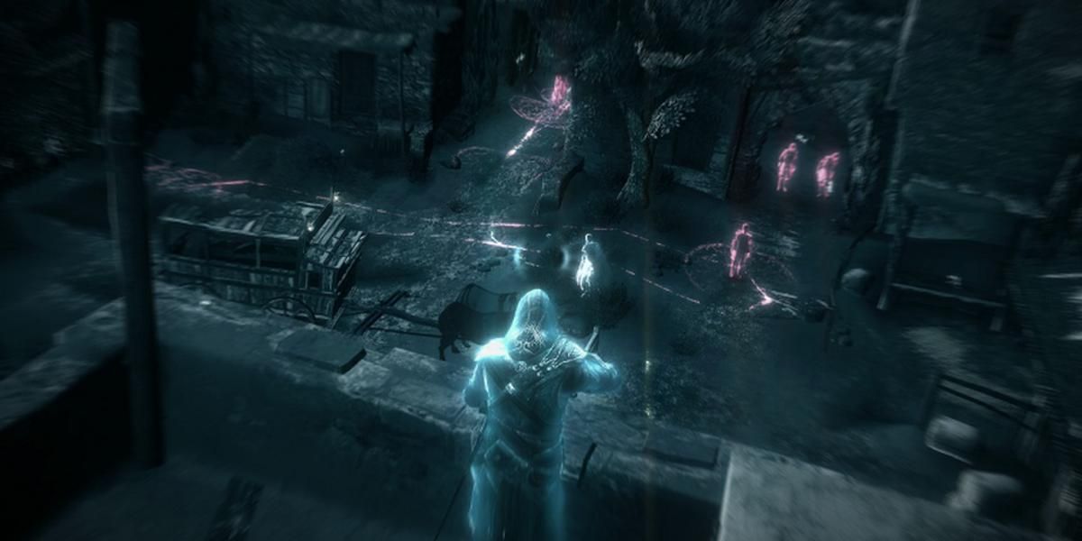 An Assassin using Eagle Vision to scan for enemies around the surroundings, with the Assassin character highlighted in blue and the enemies in red.