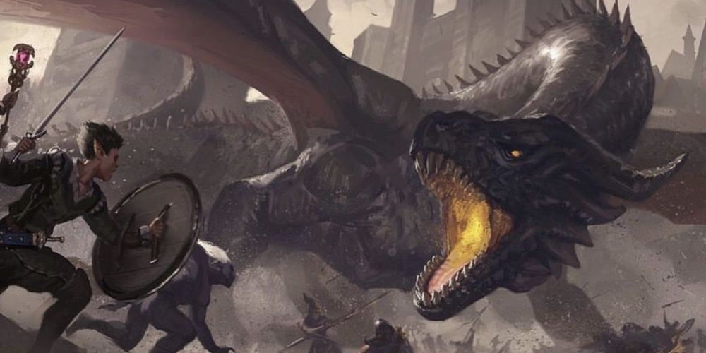 Fantasy elf character fighting a dragon art