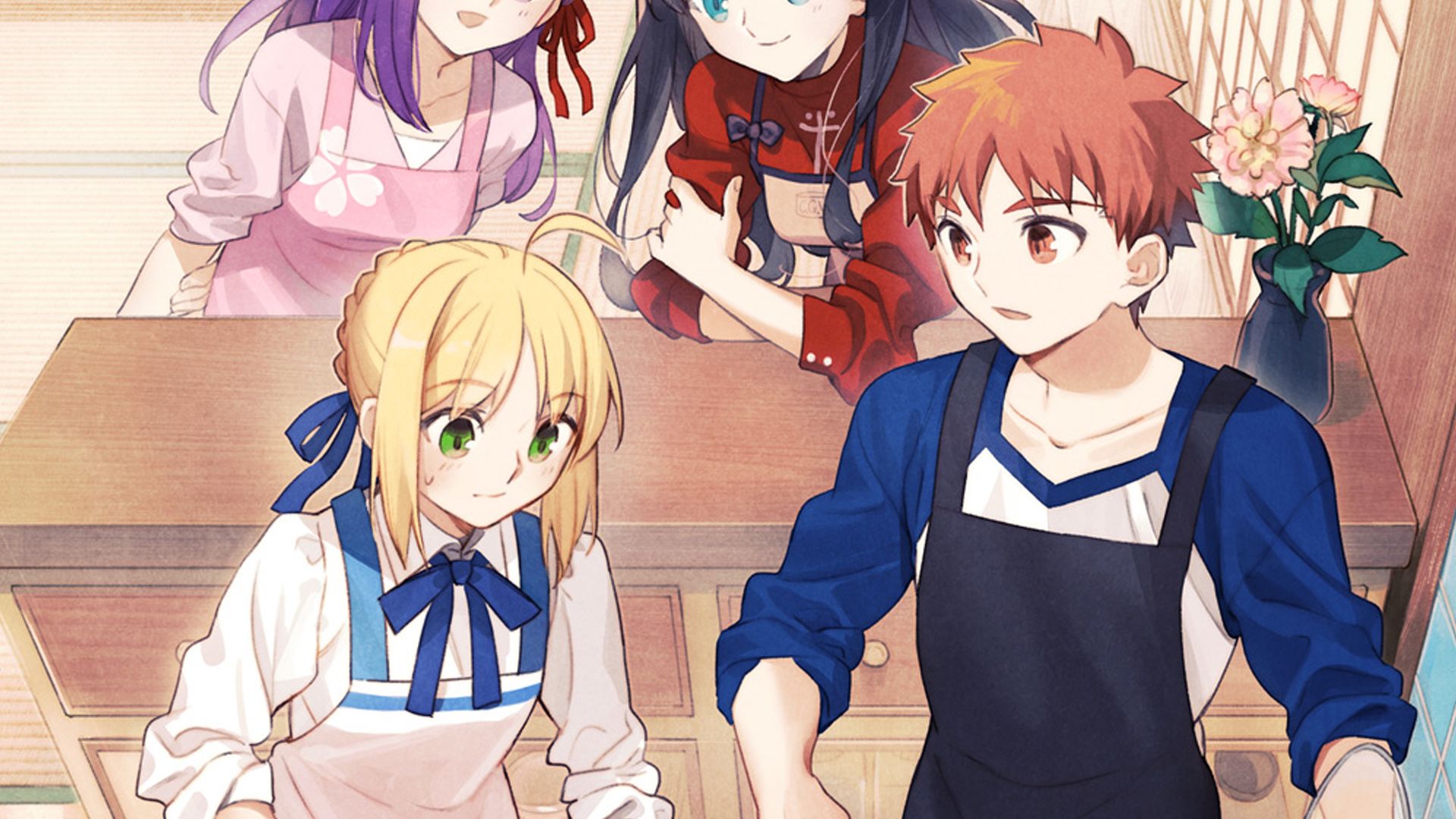 Shirou and Saber in the kitchen together.