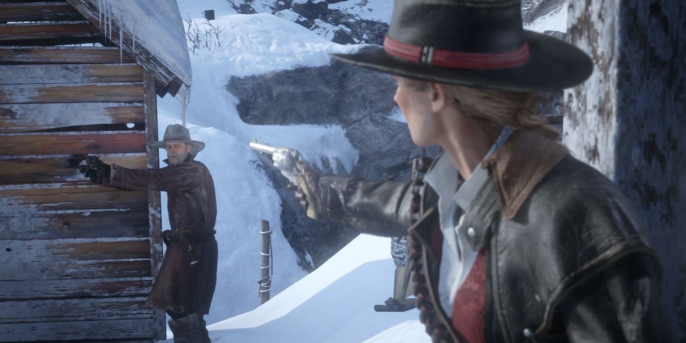 Red Dead Redemption 2 Screenshot Of Sadie Adler Pointing Gun At Micah