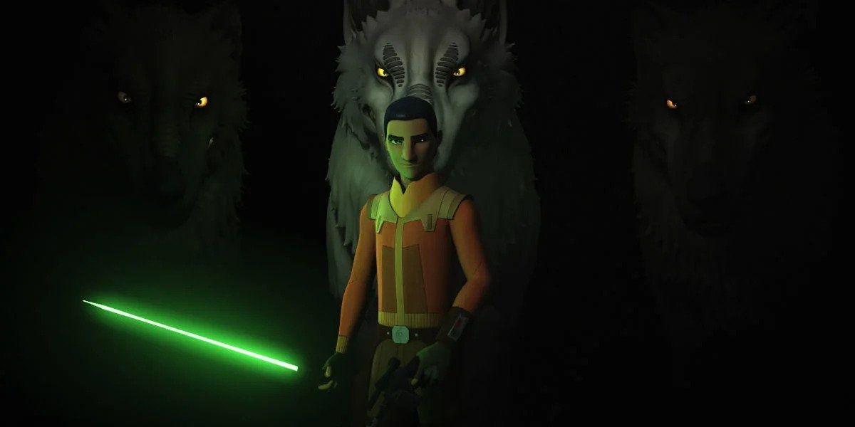 Ezra standing in front of beasts in the darkness.