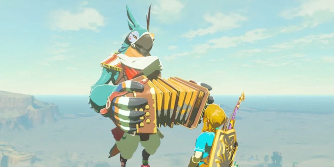 Kass looking at Link holding his accordian in Breath of the Wild