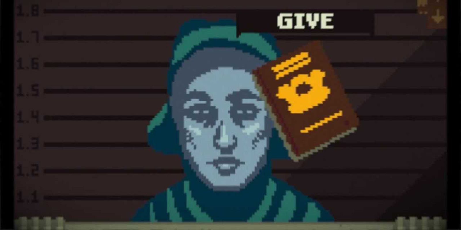 Image of a person with a passport and the give option near their head to hand it over in Papers, Please