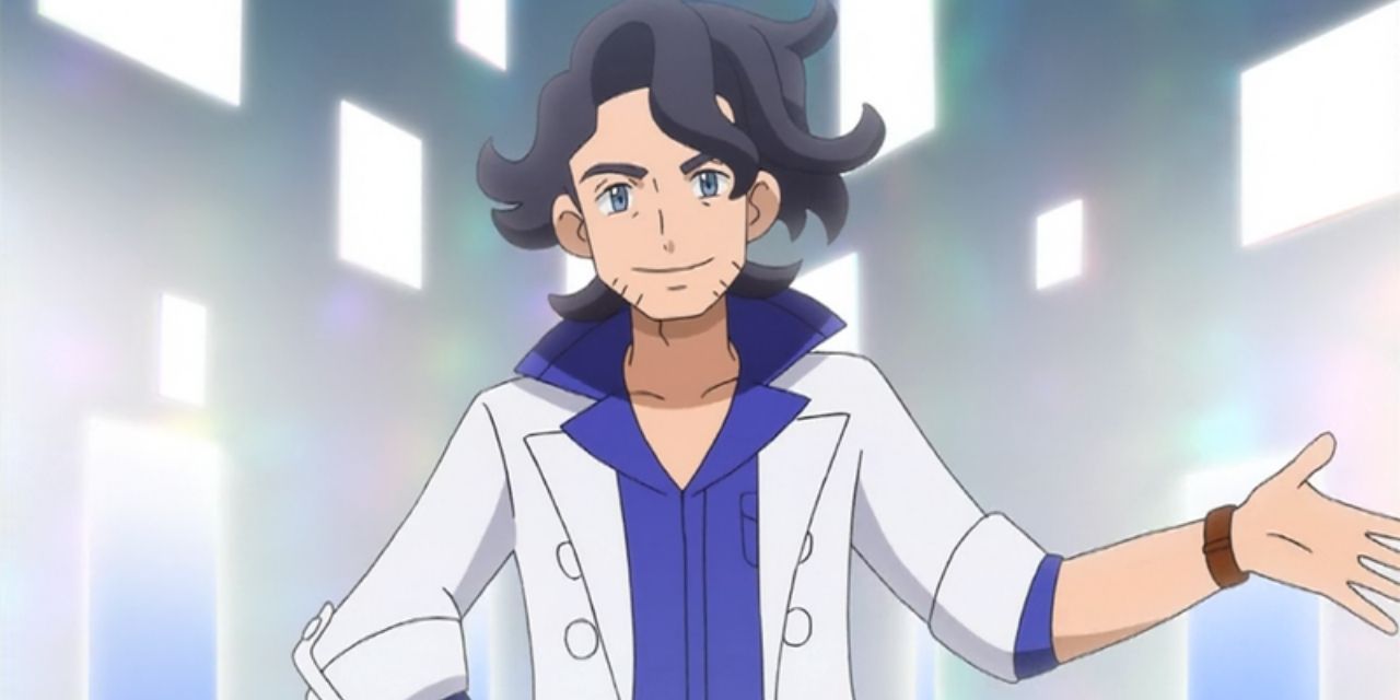 Pokemon Professor Sycamore with one hand raised