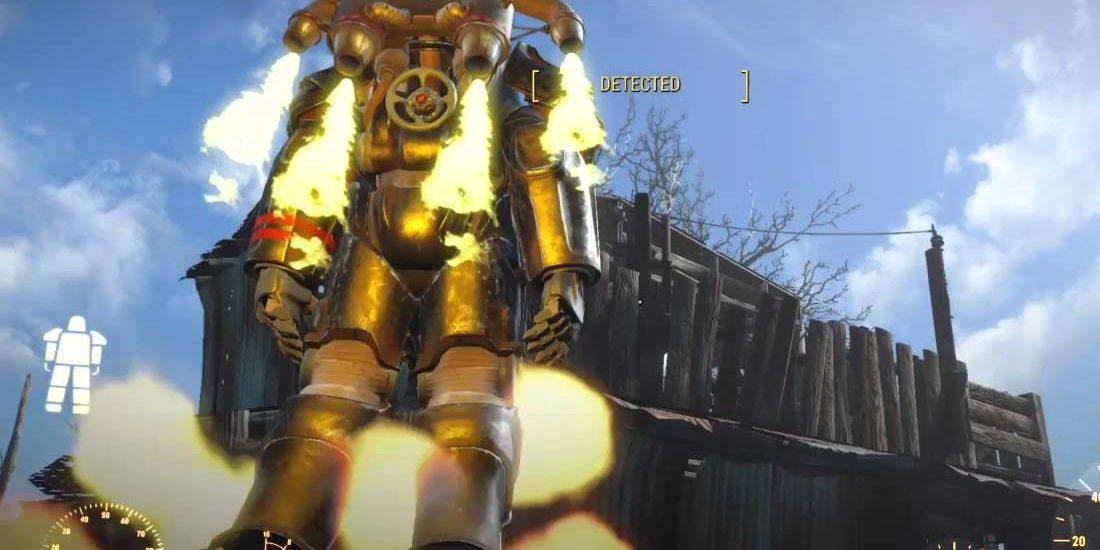Character in Fallout 4 wearing power armor that comes with a jet pack