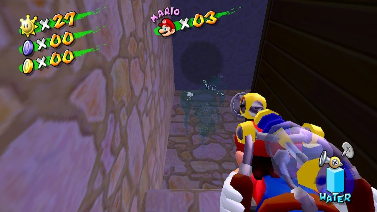 Mario shoots water at a wall at Hotel Delfino