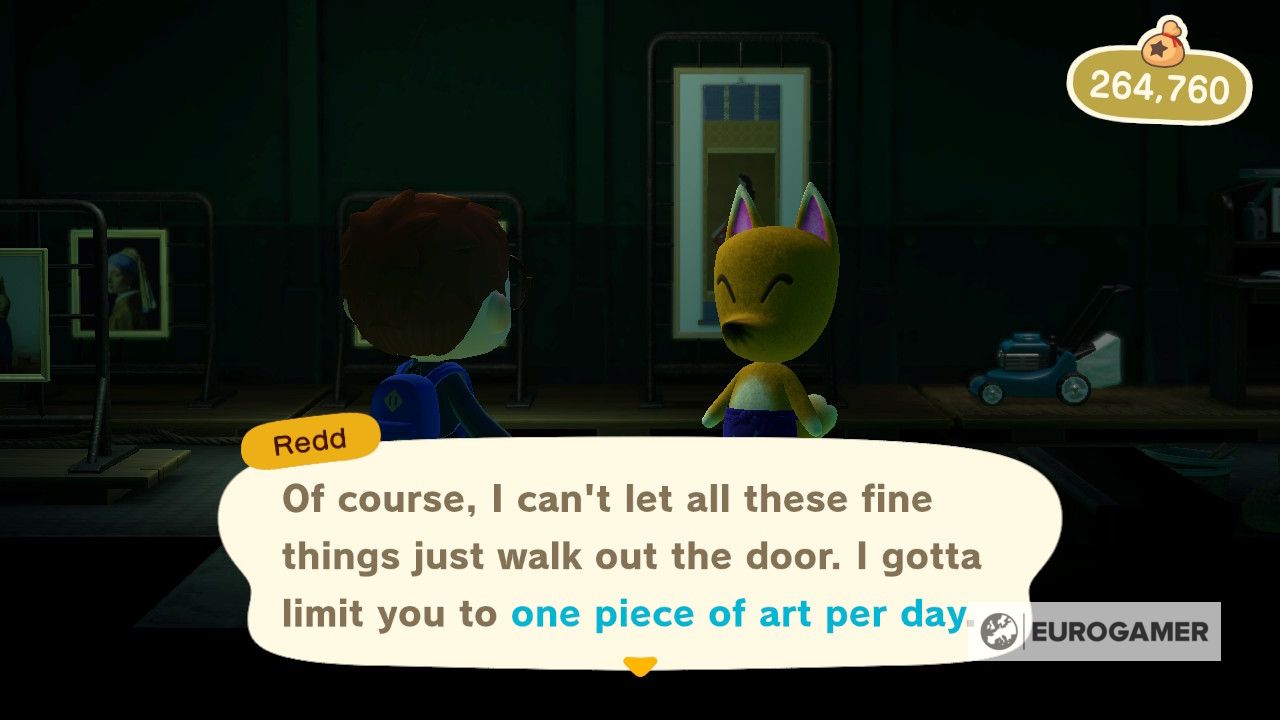 Animal Crossing player talking to Redd.
